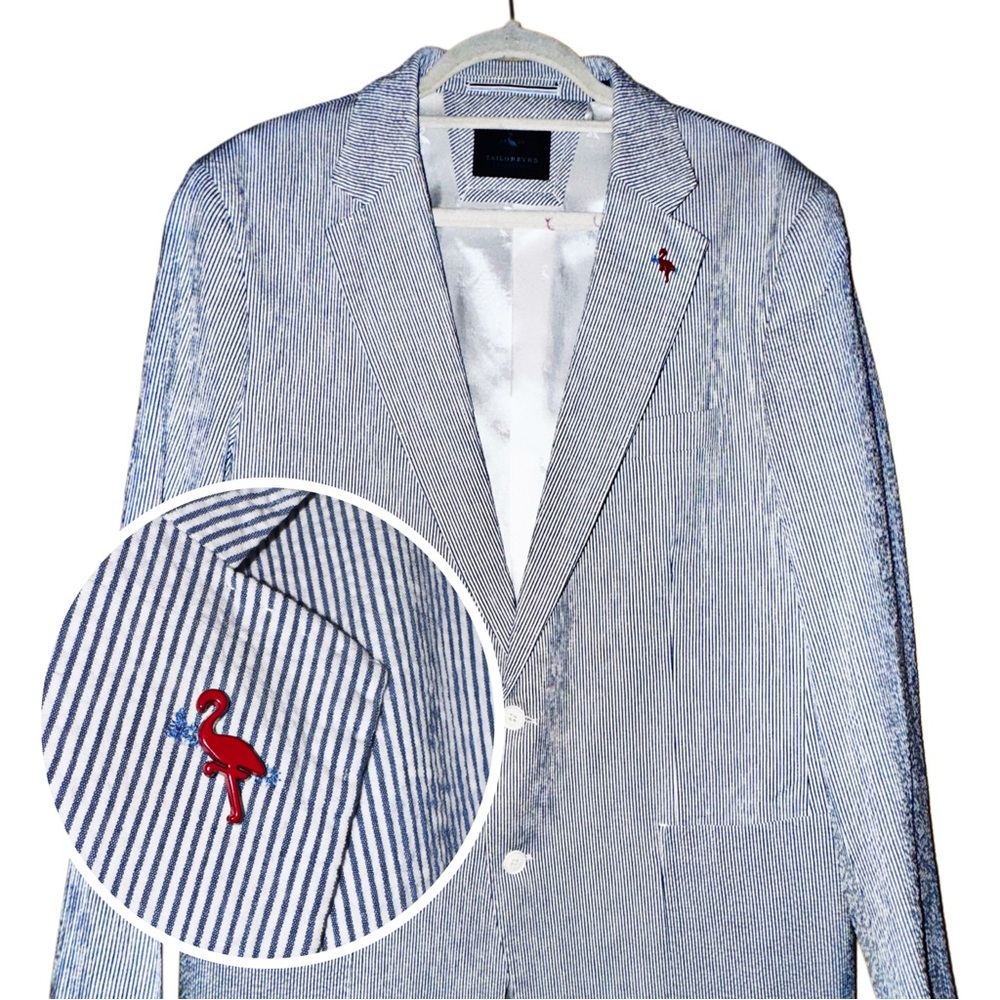Tailorbyrd Blue Striped Seersucker Blazer with Flamingo Pin Accent